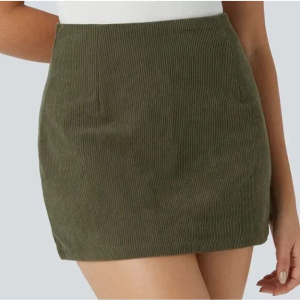 Halara High Waisted Green Back Zipper‎ Split Hem 2-in-1 Corduroy Casual Skirt, S